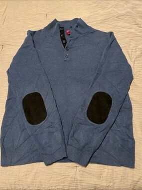 Men's Navy Button-Front Zip-Style Sweater with Black Elbow Patches
